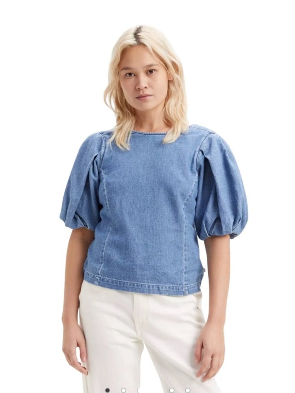 Levis Zaida Sculptural Blouse Denim Puff Sleeve Top Size L Light Blue 100% Cotto